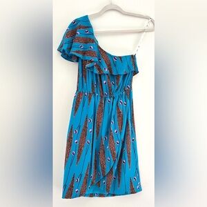 Tracy Reese One Shoulder Silk Dress Blue Leopard Print Cocktail New Years Size 0